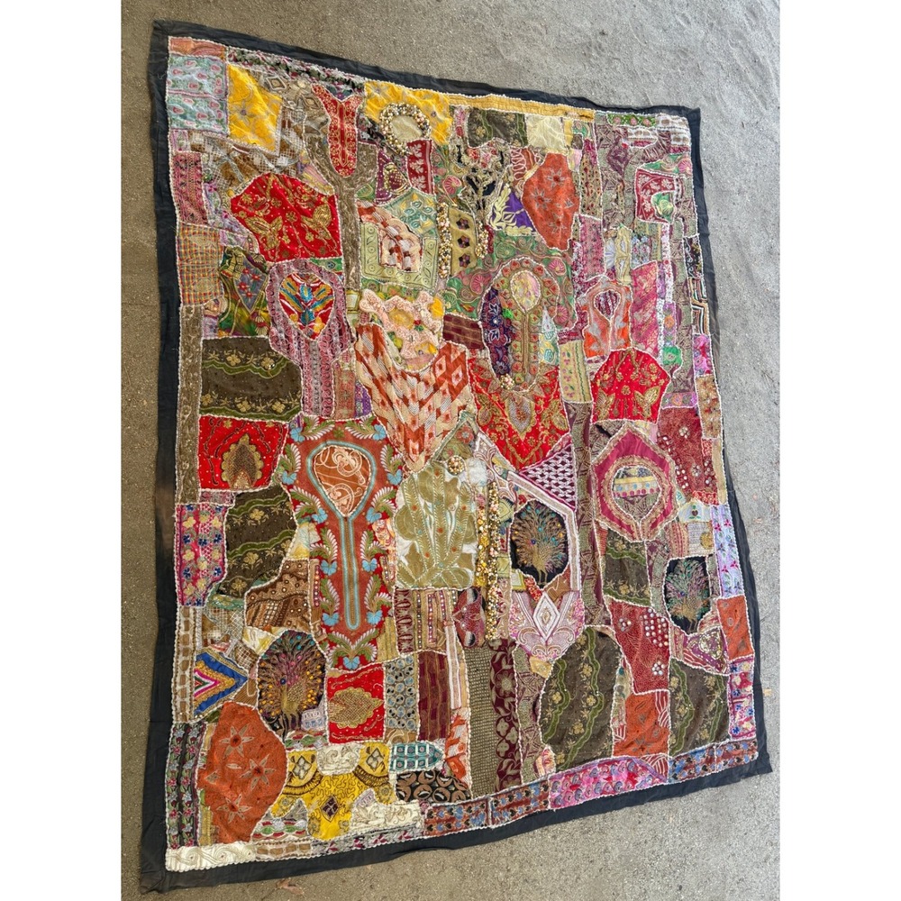 Vintage Indian Heavily Beaded Art Decor Sari Zari Wall Hanging Tapestry 75x93